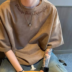 Suede Short-sleeved T-shirt Men's Summer New Fashion Brand Embroidered Plumpian Handsome Inner Half-sleeved Base T-shirt