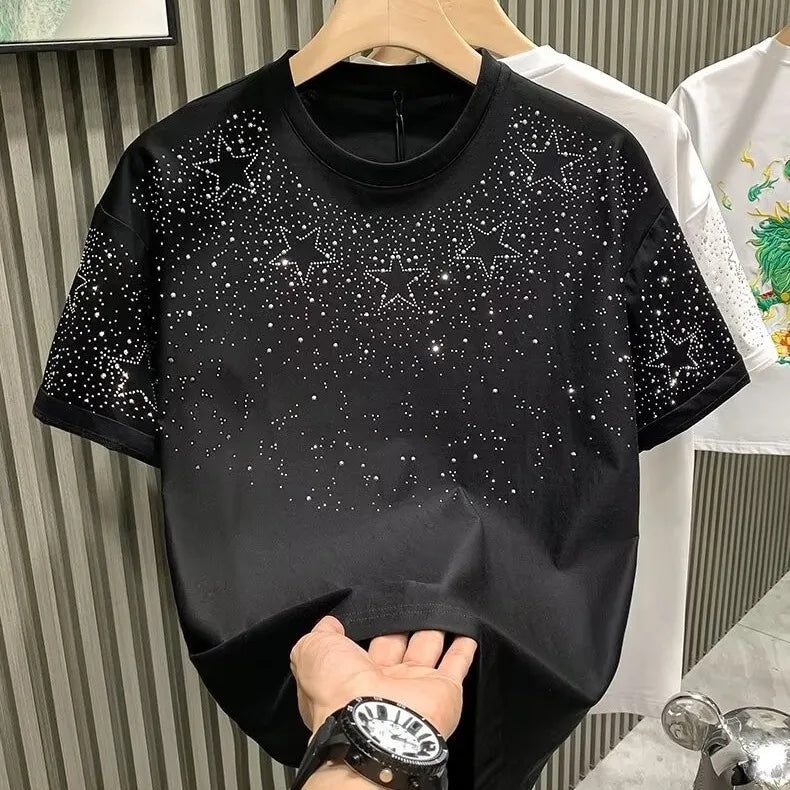 Cotton Rhinestone Collar Short Sleeve T-shirt Fashion Oversized Hip-Hop Heavy-Duty Cotton Men's T-shirt