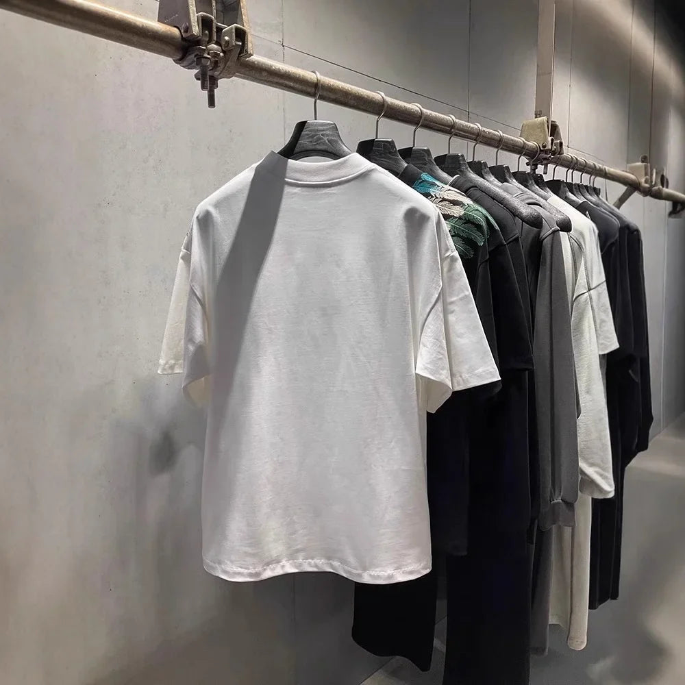 Summer Men's Retro Embroidered T-Shirt Short Sleeved Loose Casual Heavyweight High Street Style American T-shirt