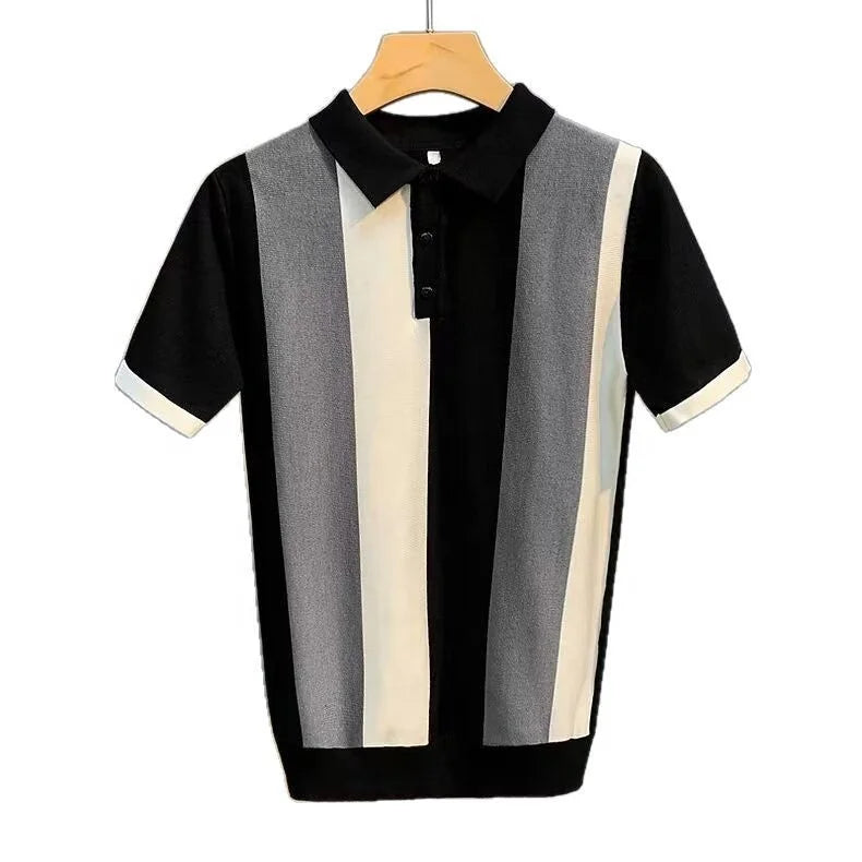 Summer New Ice Silk Stripe Lapel Short-sleeved Sweater Men's Fashion Youth Trendy All-match Casual Trendy Top