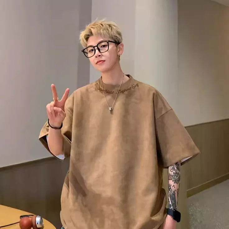 Suede Short-sleeved T-shirt Men's Summer New Fashion Brand Embroidered Plumpian Handsome Inner Half-sleeved Base T-shirt