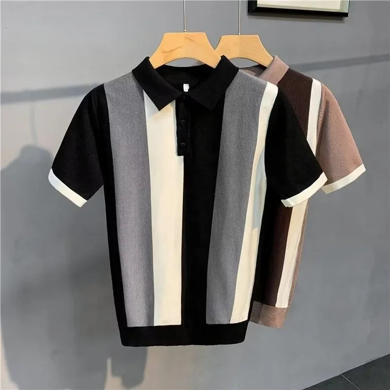 Summer New Ice Silk Stripe Lapel Short-sleeved Sweater Men's Fashion Youth Trendy All-match Casual Trendy Top