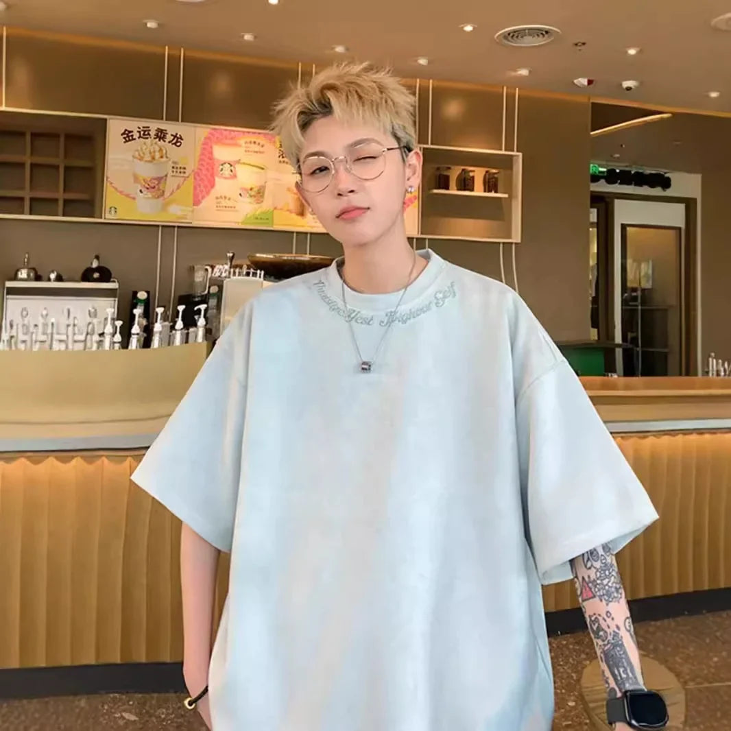 Suede Short-sleeved T-shirt Men's Summer New Fashion Brand Embroidered Plumpian Handsome Inner Half-sleeved Base T-shirt