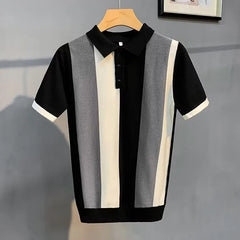 Summer New Ice Silk Stripe Lapel Short-sleeved Sweater Men's Fashion Youth Trendy All-match Casual Trendy Top