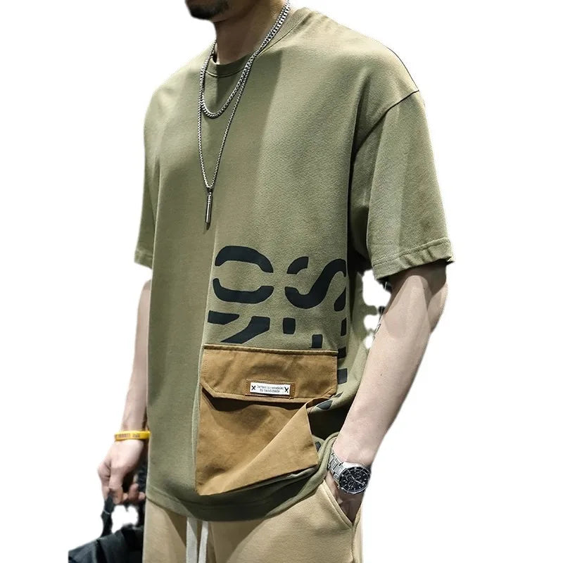 Men's Heavyweight Cotton Short Sleeve T-Shirt Summer Pocket Detail Loose & Plus Size Casual Crew Neck Tee