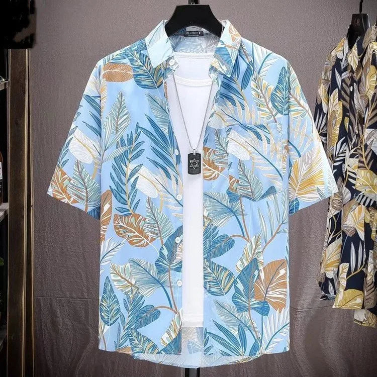New Arrival Floral Shirt Men's Short-Sleeved Summer Puffy Handsome Hawaiian Thin Retro Beach Shirt T-Shirt