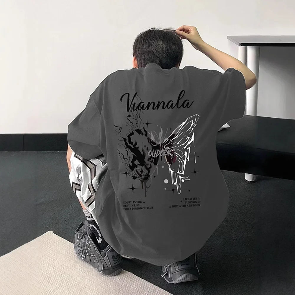 Cotton New Trendy Brand Men's Butterfly Graphic Tees Summer Cotton Cropped Sleeve High Street Edgy Unique