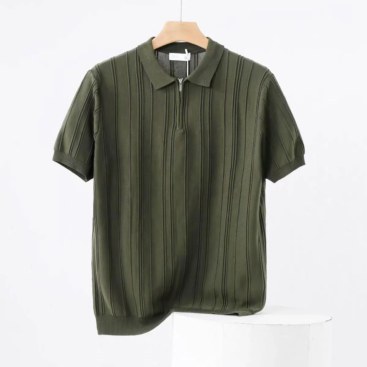 Vertical Knitted Short-sleeved Half-zip Polo Shirt for Men, High-end Summer Korean Version Slim and Simple Breathable Polo Shirt
