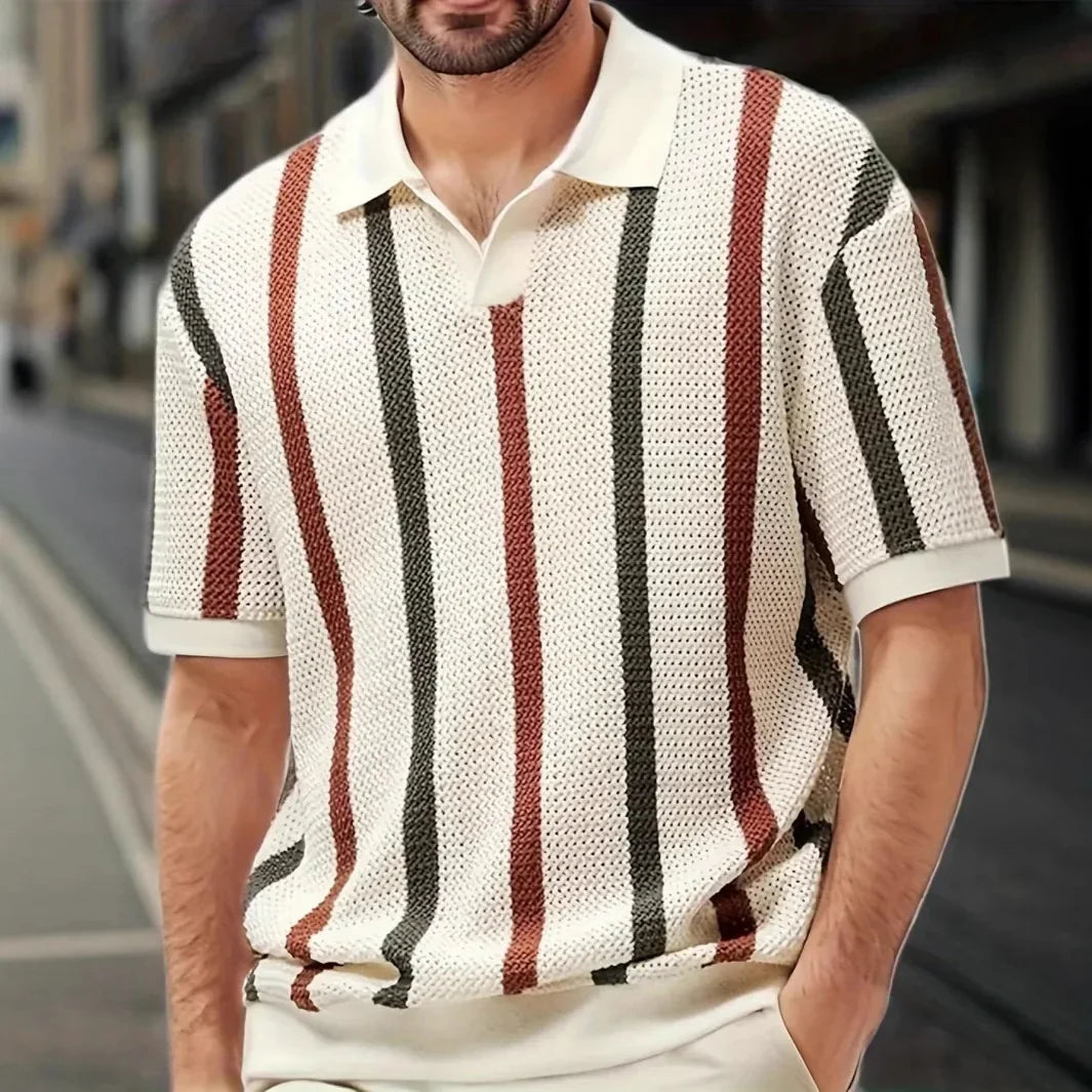 Men's Summer Short-Sleeve Minimalist Designer Geometric Color-Block Striped Crew Neck Knit Top