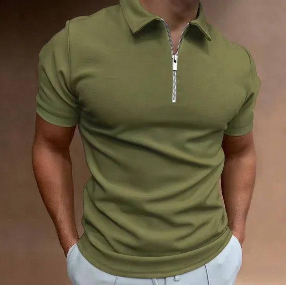 Men's Fashion Solid Color Short Sleeve Zipper Slim Fit Casual T-shirt