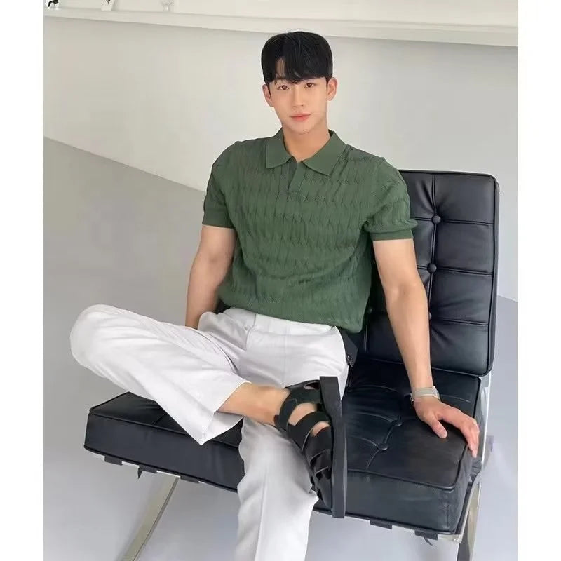 Summer Men's Knitted Short-sleeved Polo Shirt Korean Style Slim-fit Solid Color Ice Silk Casual Lasel Half-sleeved T-shirt