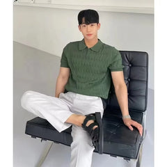 Summer Men's Knitted Short-sleeved Polo Shirt Korean Style Slim-fit Solid Color Ice Silk Casual Lasel Half-sleeved T-shirt