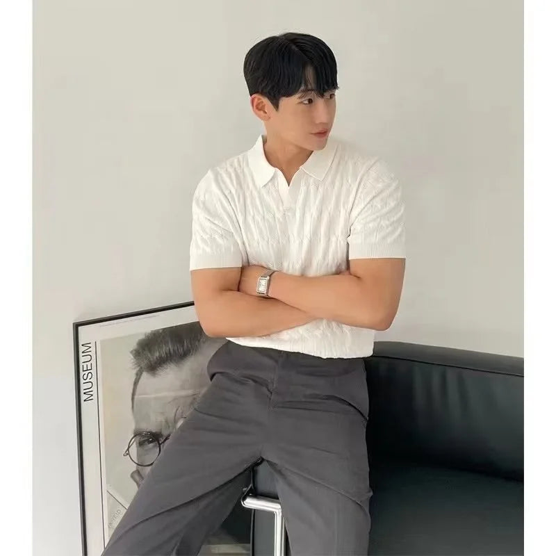 Summer Men's Knitted Short-sleeved Polo Shirt Korean Style Slim-fit Solid Color Ice Silk Casual Lasel Half-sleeved T-shirt