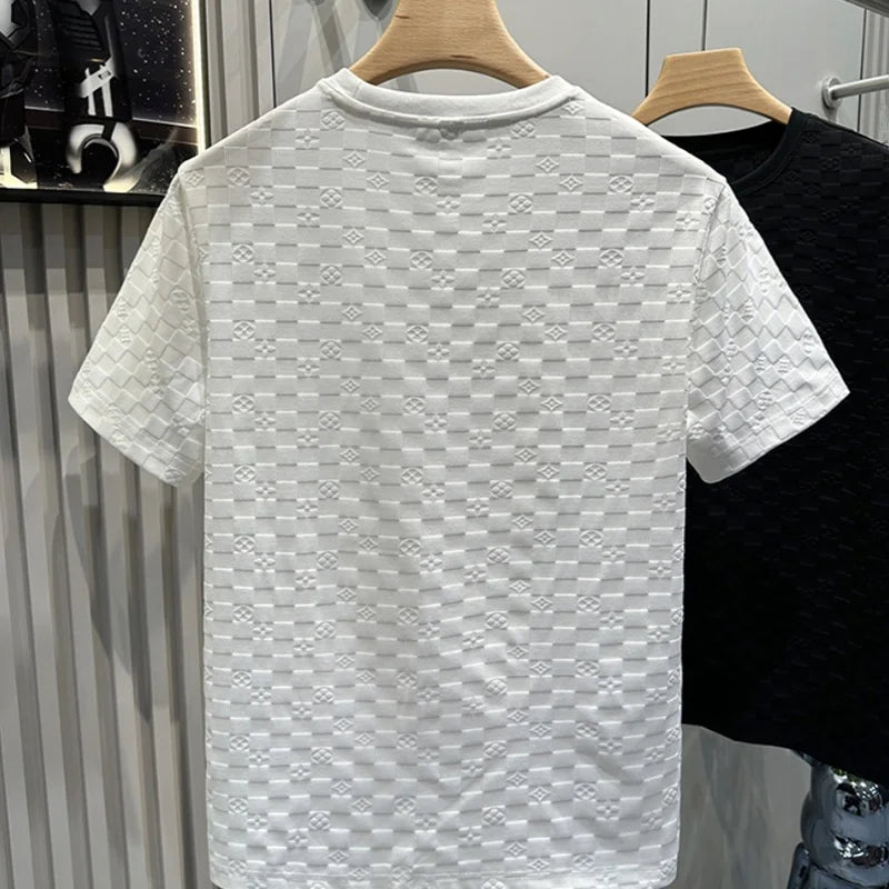 Summer Plaid Short-sleeved Men's Light Luxury Temperament Solid Color Casual Versatile Round Neck T-shirt Tops