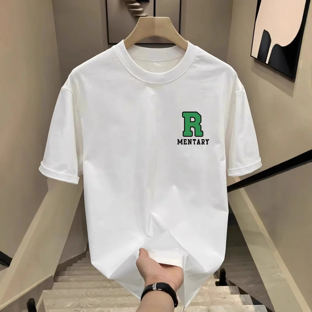 Cotton New Fashionable Men's Letter R Printed Casual Short-sleeved Top Heavy Cotton Round Neck Slim Fit T-shirt