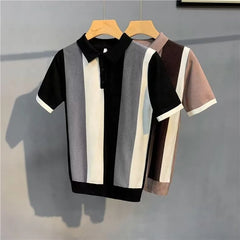 Summer New Ice Silk Stripe Lapel Short-sleeved Sweater Men's Fashion Youth Trendy All-match Casual Trendy Top