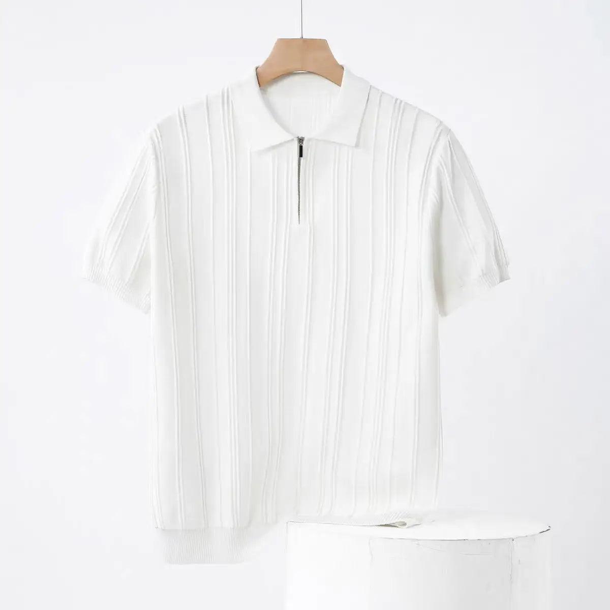 Vertical Knitted Short-sleeved Half-zip Polo Shirt for Men, High-end Summer Korean Version Slim and Simple Breathable Polo Shirt
