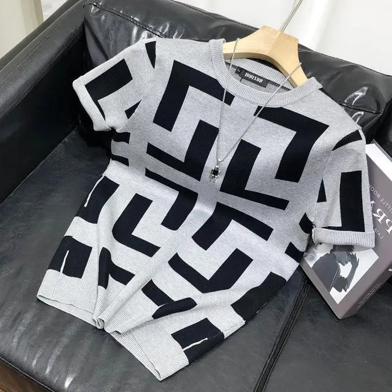 3 Color Short Sleeve Knitting T-Shirt Men Slim Streetwear Color Contrast T Shirt Men Tee Shirt Homme Social Club Outfits Tshirt
