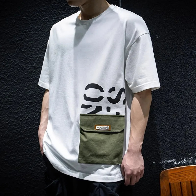 Men's Heavyweight Cotton Short Sleeve T-Shirt Summer Pocket Detail Loose & Plus Size Casual Crew Neck Tee