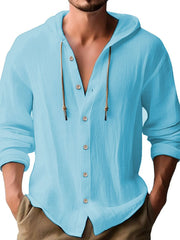 New Spring and Summer Men's Hooded T-shirt Solid Linen Men's Casual Long-sleeved T-shirt Top