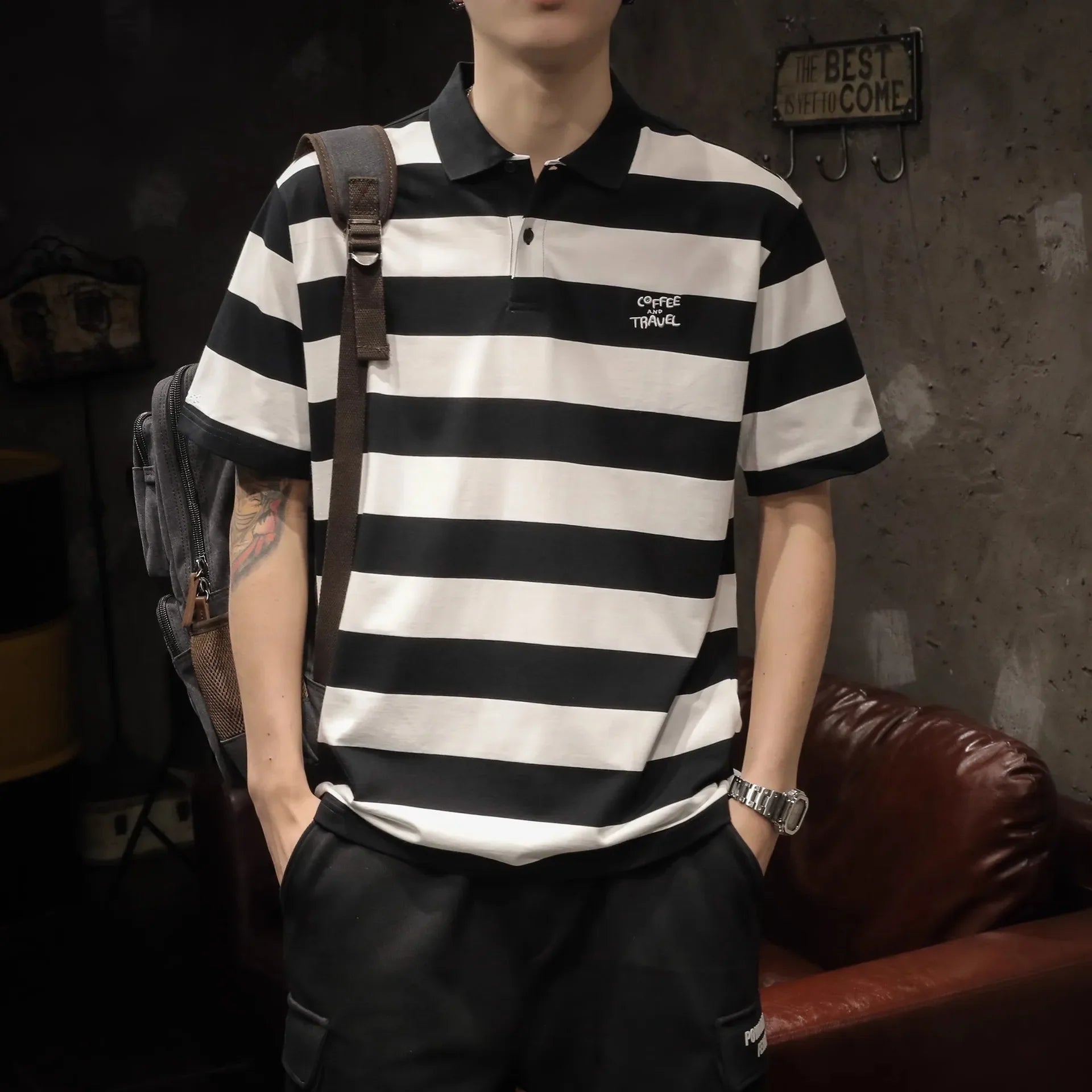 New American-style Black & White Striped Polo Shirt - Men's Relaxed Fit Short Sleeve Lapel Summer Top