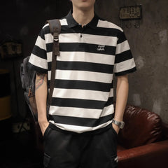 New American-style Black & White Striped Polo Shirt - Men's Relaxed Fit Short Sleeve Lapel Summer Top