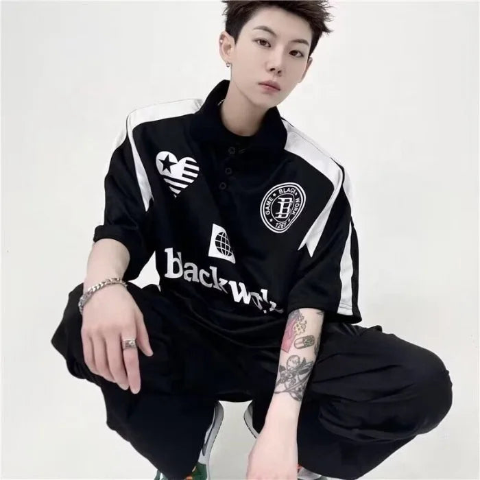 High Street Patchwork Short-sleeved Polo Shirt for Men in Summer New Loose American-style Retro Color-block Print Collar Top