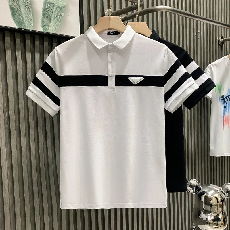 Black & White Striped Collar Polo Shirt - Luxury Men's Short Sleeve Trendy Brand Fashion Versatile Top