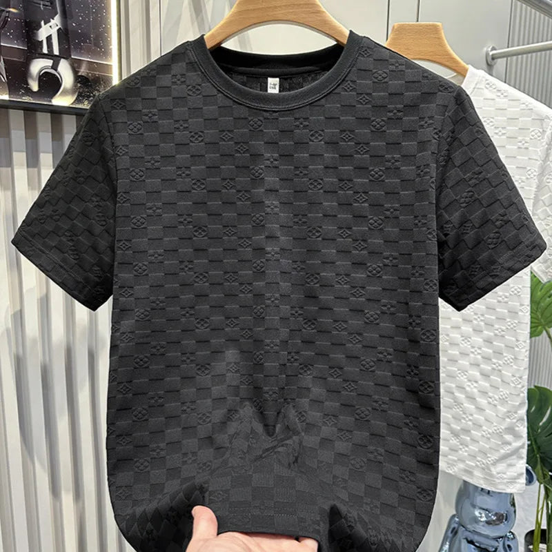 Summer Plaid Short-sleeved Men's Light Luxury Temperament Solid Color Casual Versatile Round Neck T-shirt Tops