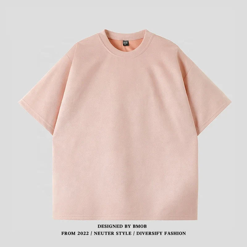 Suede Heavy Short Sleeve Men's Summer New Arrival American Style Retro Large Size Men's T-Shirt Suede Loose T-Shirt