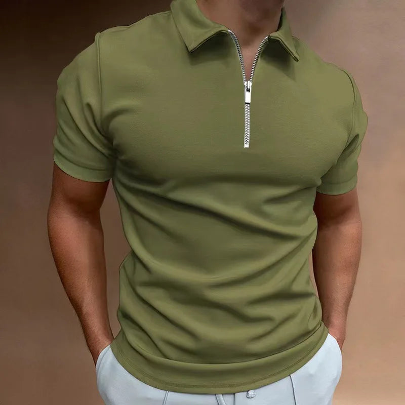 Men's Fashion Solid Color Short Sleeve Zipper Slim Fit Casual T-shirt