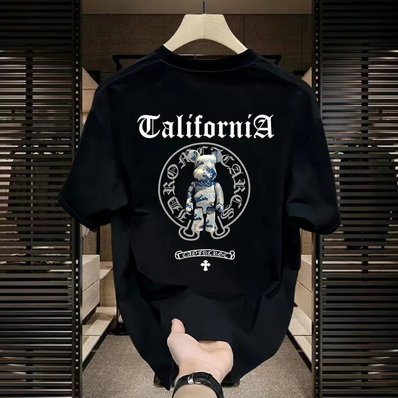 Cotton Men's Heavy Cotton T-shirt New Casual Fashion Loose Bear Printed Half Sleeve Top