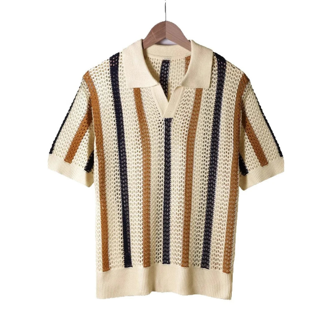 Men's Summer Short-Sleeve Minimalist Designer Geometric Color-Block Striped Crew Neck Knit Top