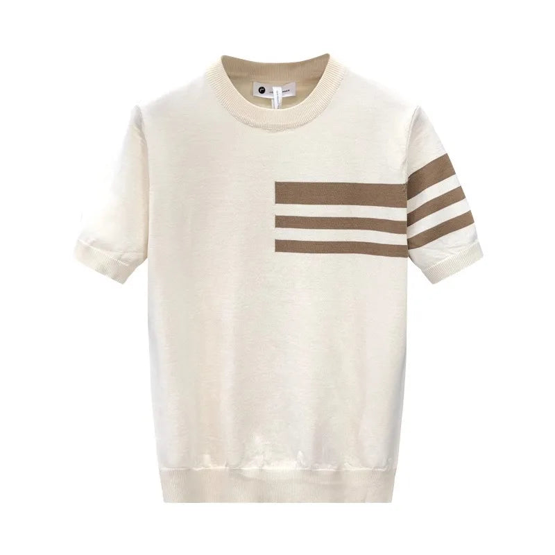 Men's New Summer Short-Sleeve Striped Minimalist Business Smart-Casual Slim-Fit Ice Silk T-Shirt