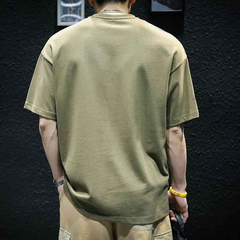 Men's Heavyweight Cotton Short Sleeve T-Shirt Summer Pocket Detail Loose & Plus Size Casual Crew Neck Tee