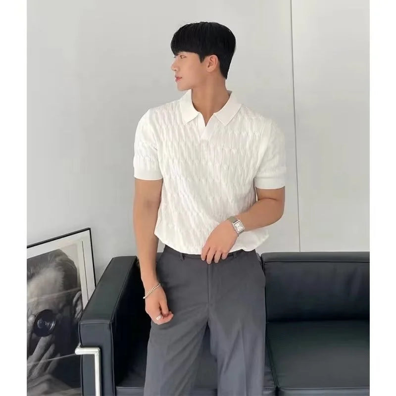 Summer Men's Knitted Short-sleeved Polo Shirt Korean Style Slim-fit Solid Color Ice Silk Casual Lasel Half-sleeved T-shirt