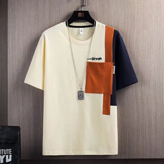 Summer Men's Design Sense Short-sleeved T-shirt Stitching Hong Kong Style Contrast Color Half-sleeved Top Casual Men's Clothes