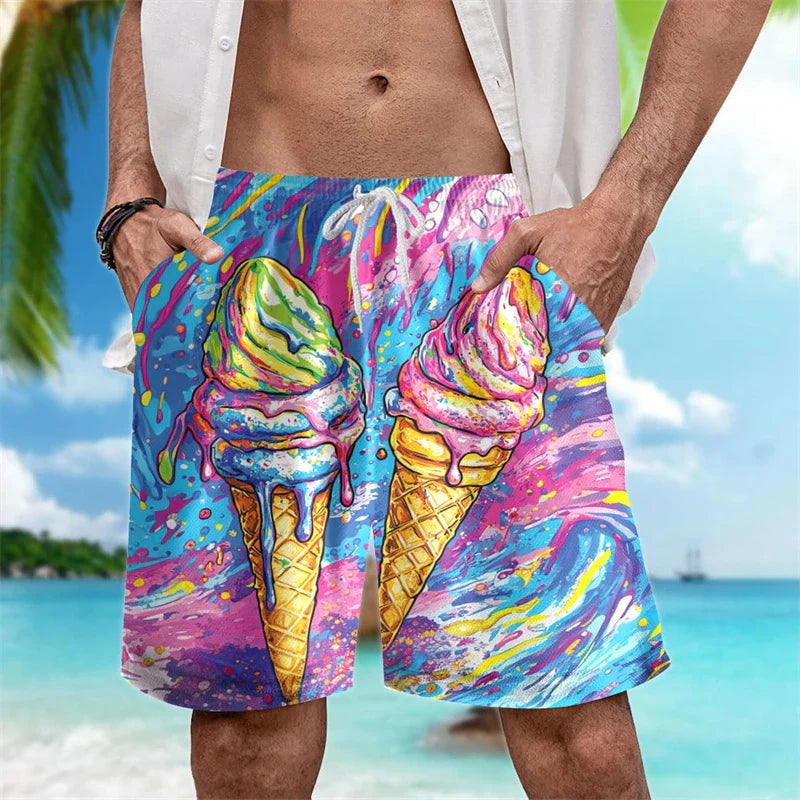 Funny Ice Cream Print Beach Designer Casual Men's Shorts Outdoor Leisure Drawstring Board Shorts Loose Shorts