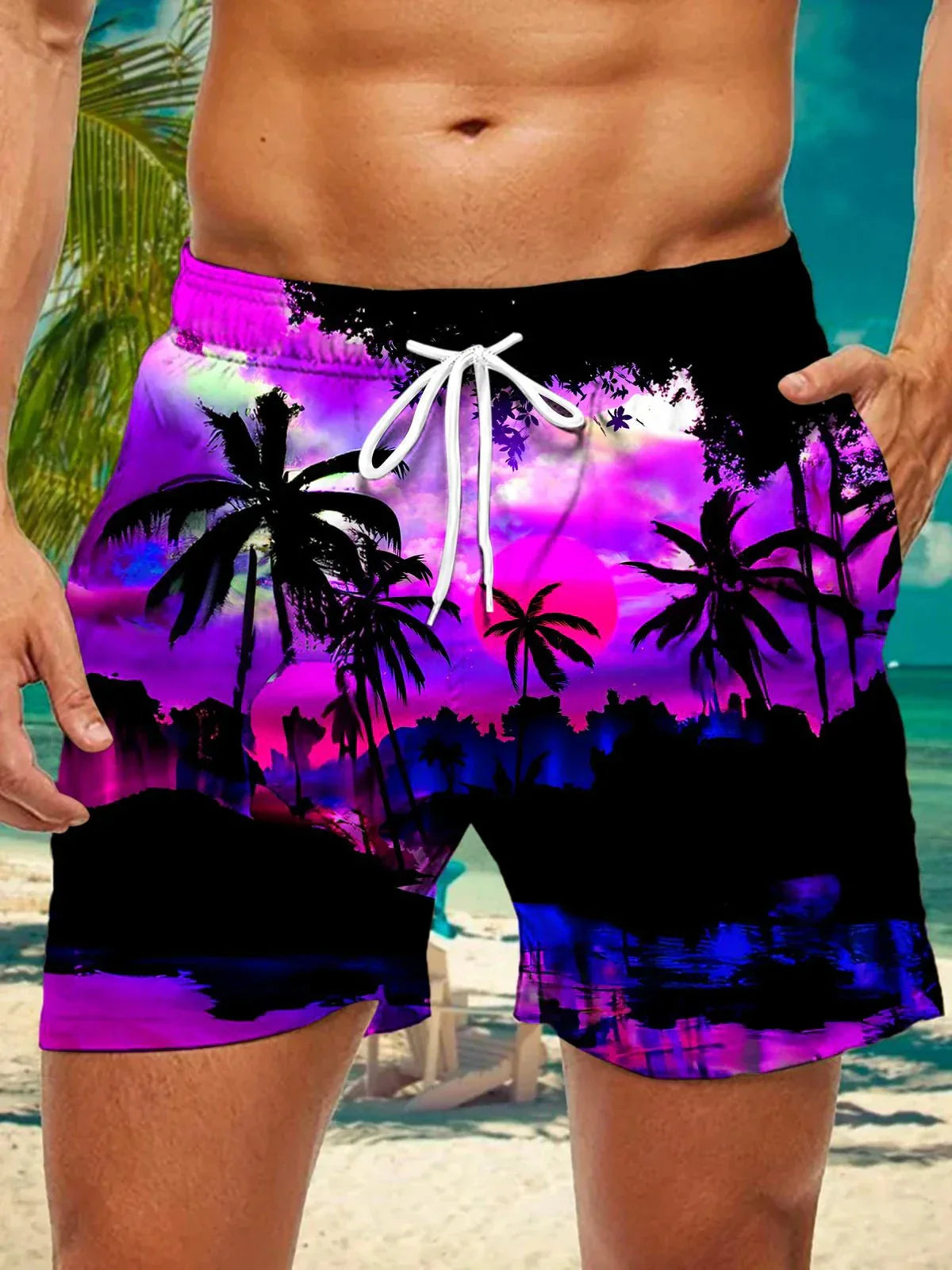 3d coconut tree stripe print men's swimsuit Japanese fish Hawaiian shorts men's summer swim shorts drawstring casual shorts