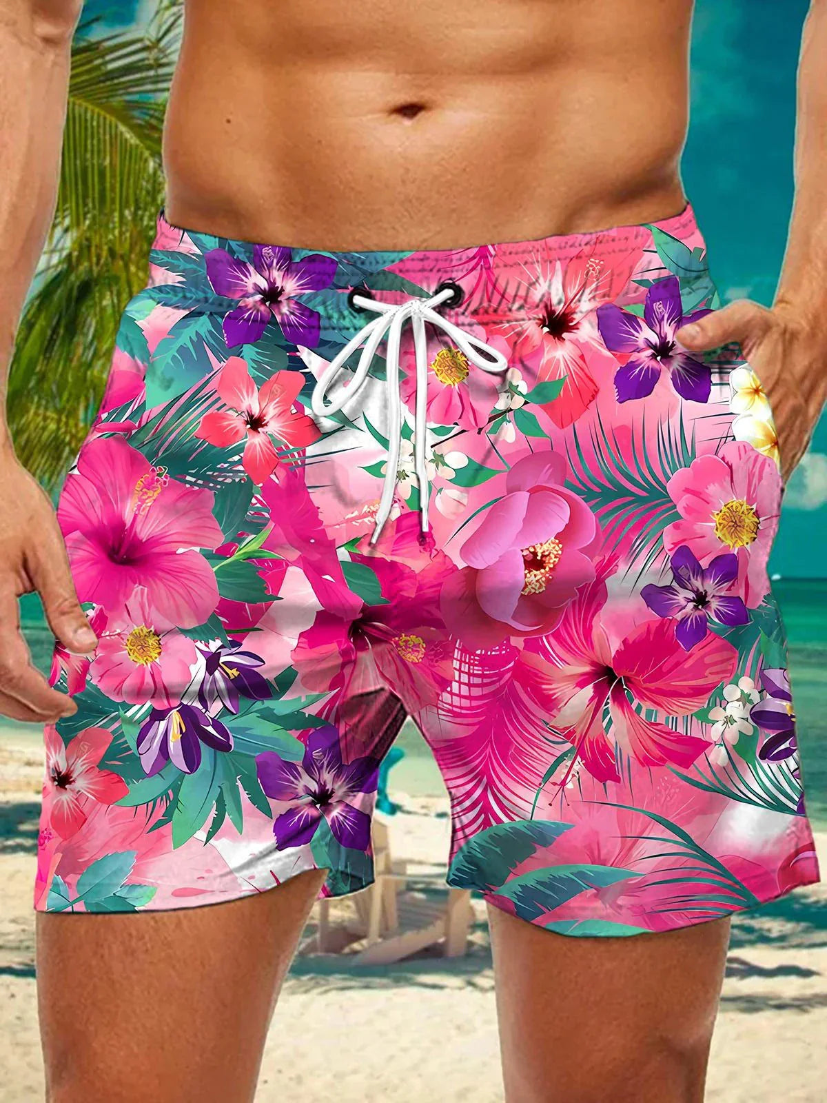 3d coconut tree stripe print men's swimsuit Japanese fish Hawaiian shorts men's summer swim shorts drawstring casual shorts