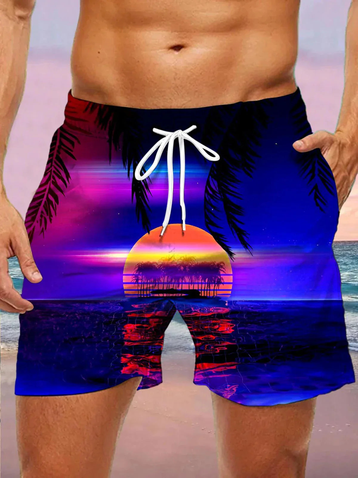 3d coconut tree stripe print men's swimsuit Japanese fish Hawaiian shorts men's summer swim shorts drawstring casual shorts