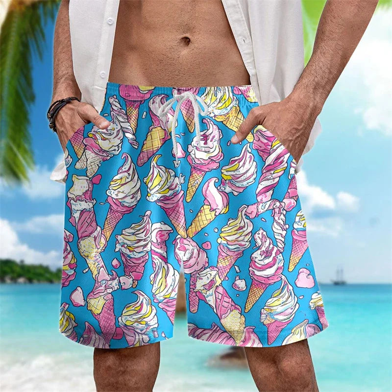 Funny Ice Cream Print Beach Designer Casual Men's Shorts Outdoor Leisure Drawstring Board Shorts Loose Shorts