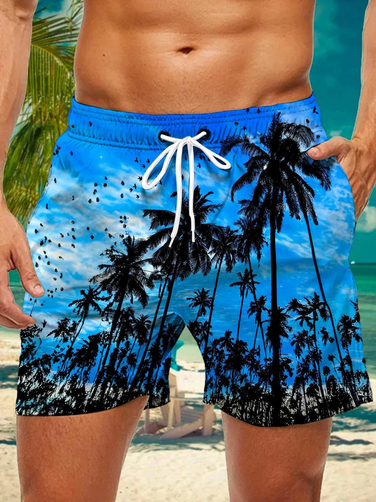 3d coconut tree stripe print men's swimsuit Japanese fish Hawaiian shorts men's summer swim shorts drawstring casual shorts