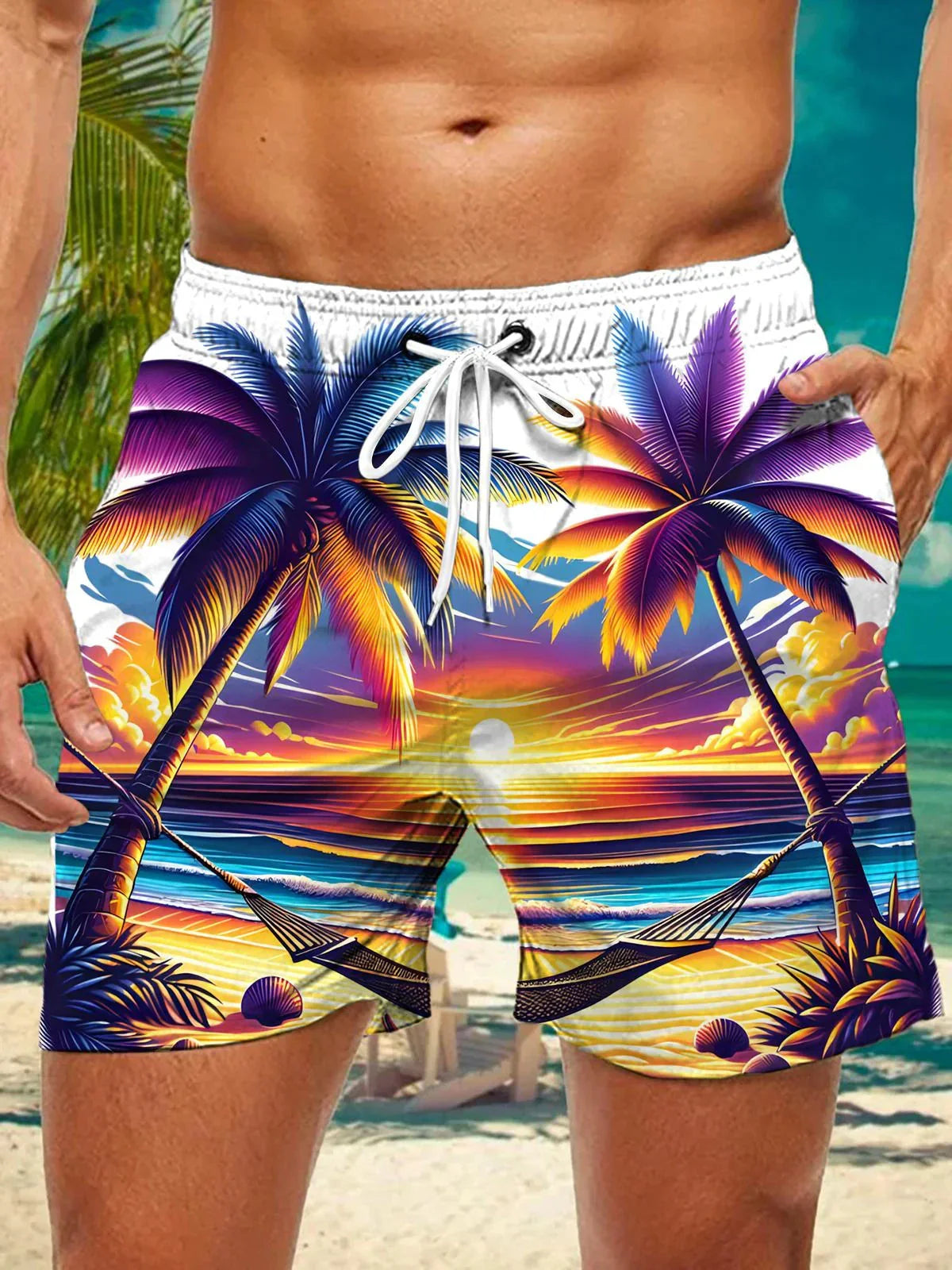 3d coconut tree stripe print men's swimsuit Japanese fish Hawaiian shorts men's summer swim shorts drawstring casual shorts