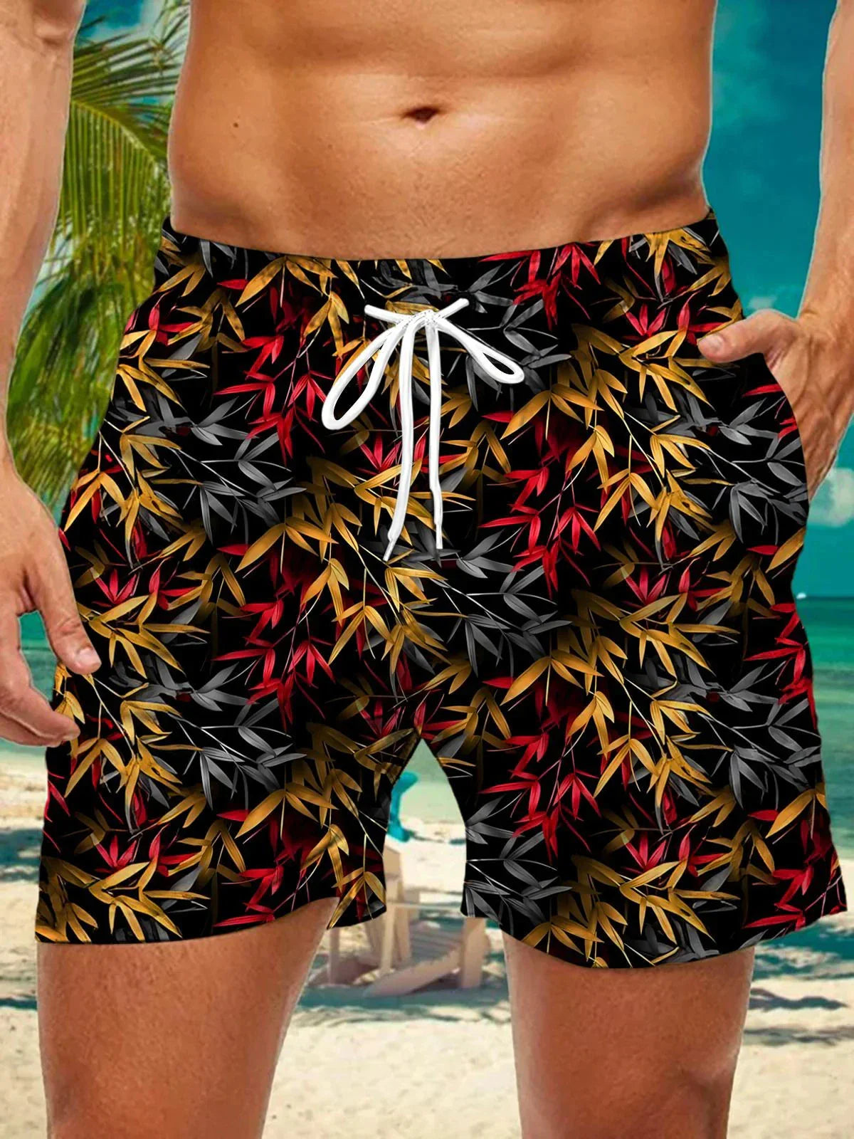 3d coconut tree stripe print men's swimsuit Japanese fish Hawaiian shorts men's summer swim shorts drawstring casual shorts