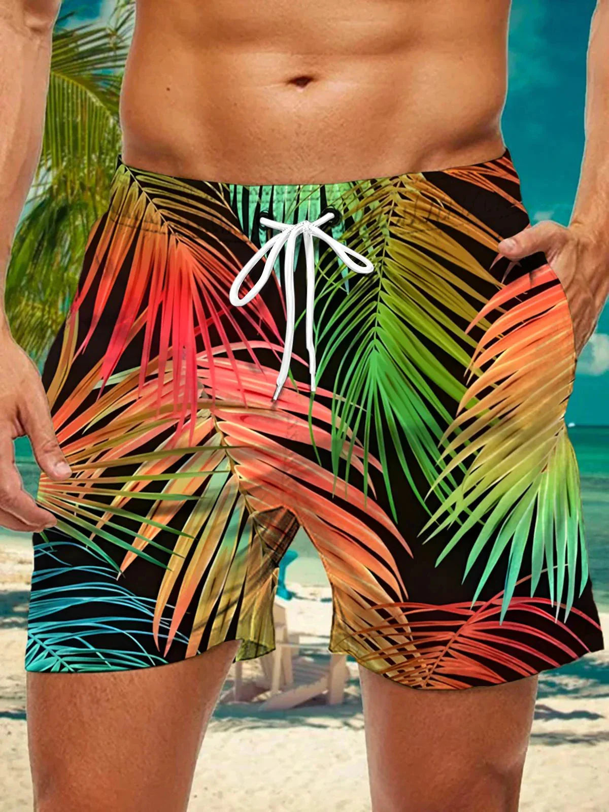 3d coconut tree stripe print men's swimsuit Japanese fish Hawaiian shorts men's summer swim shorts drawstring casual shorts