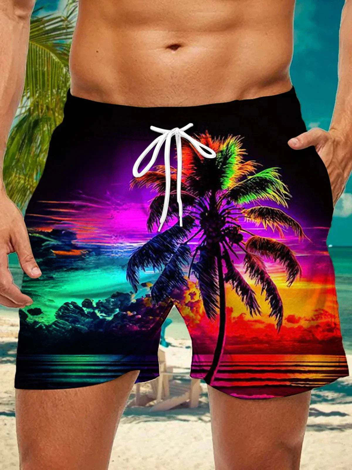 3d coconut tree stripe print men's swimsuit Japanese fish Hawaiian shorts men's summer swim shorts drawstring casual shorts