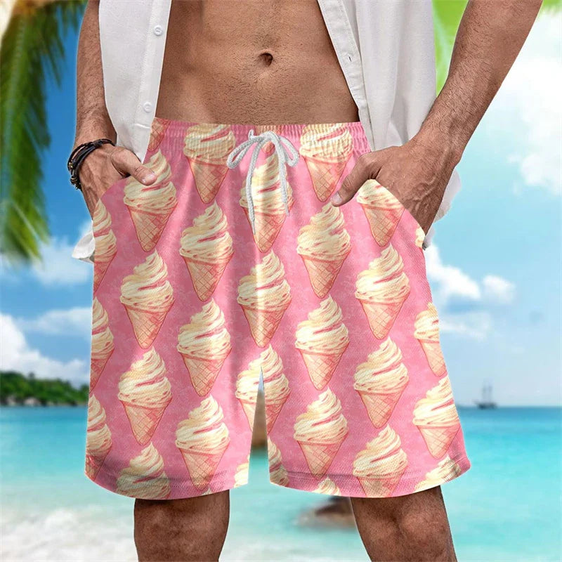 Funny Ice Cream Print Beach Designer Casual Men's Shorts Outdoor Leisure Drawstring Board Shorts Loose Shorts