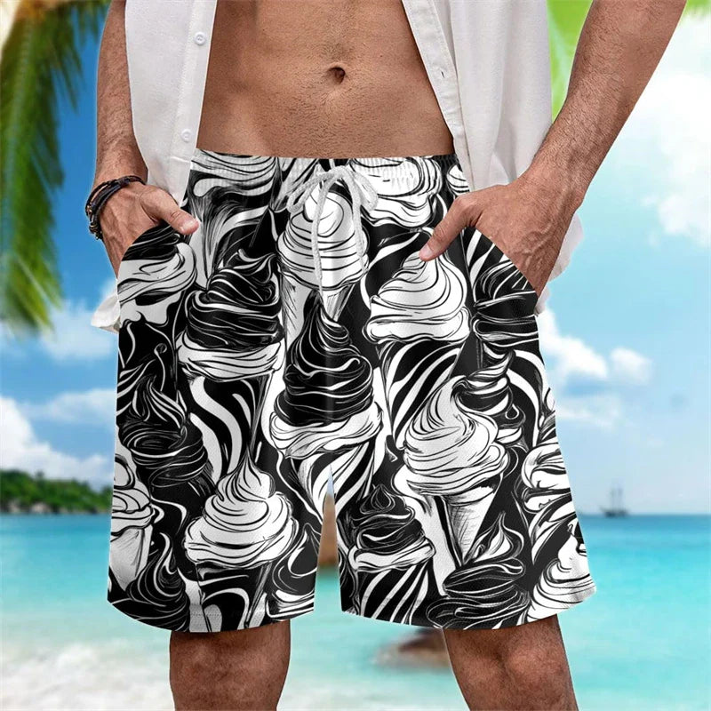 Funny Ice Cream Print Beach Designer Casual Men's Shorts Outdoor Leisure Drawstring Board Shorts Loose Shorts