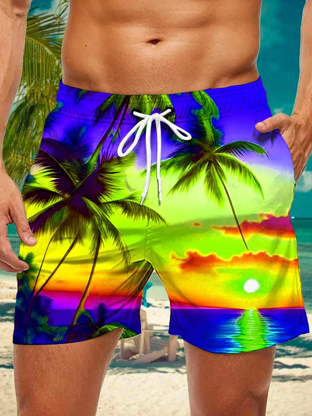 3d coconut tree stripe print men's swimsuit Japanese fish Hawaiian shorts men's summer swim shorts drawstring casual shorts